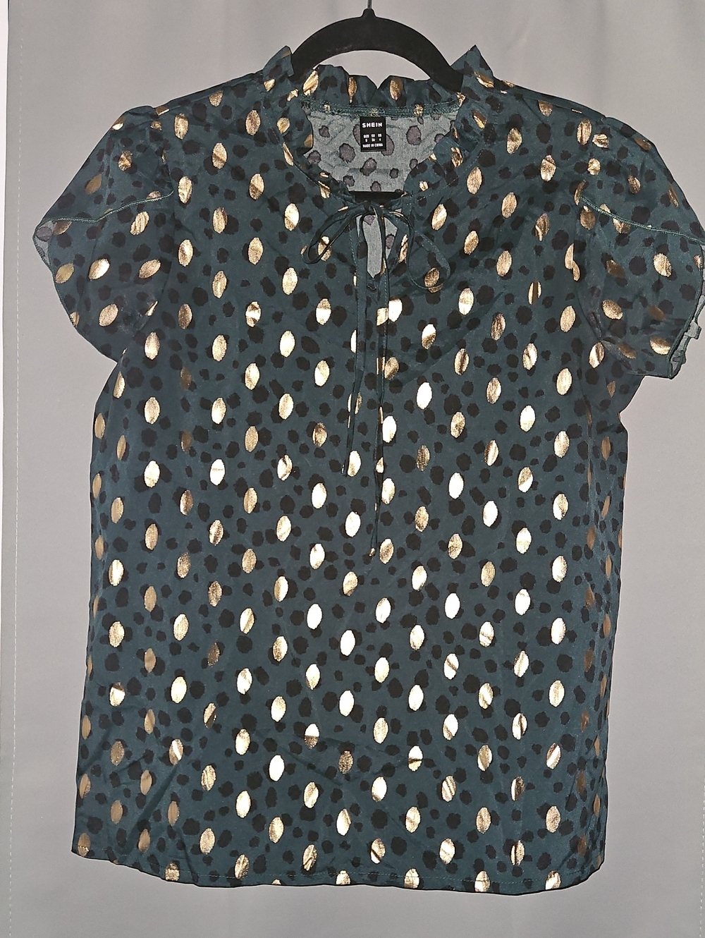 SHEIN Green Blouse with Metallic Gold Spot Pattern and Tie Neck